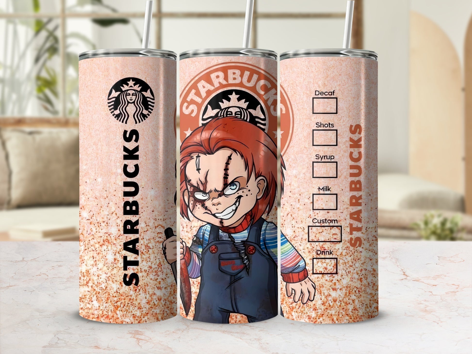 Starbucks tumbler with Chucky design and drink customization labels.