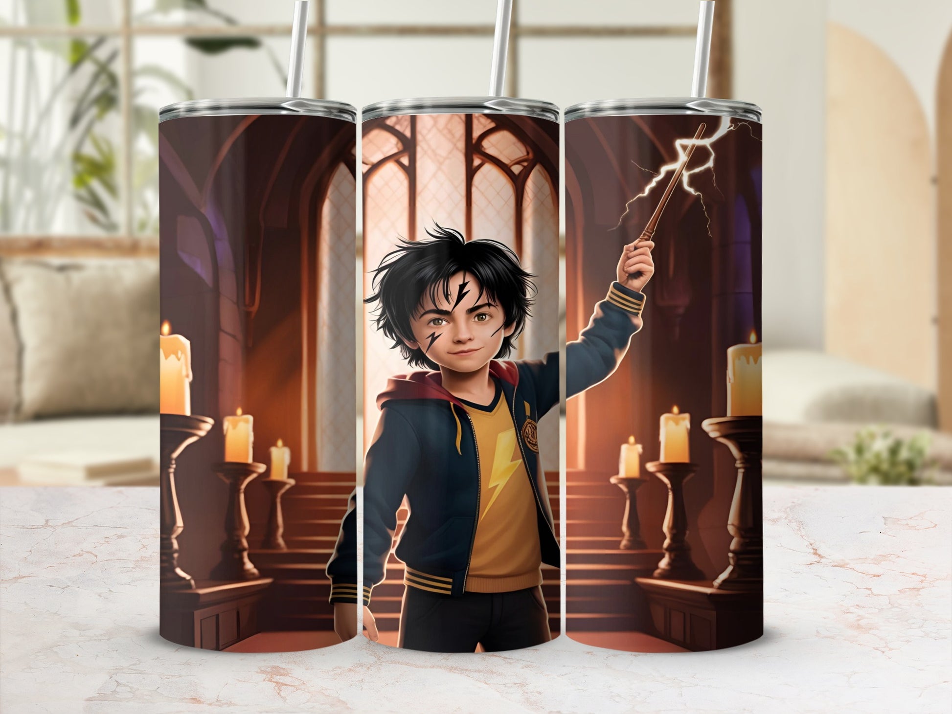 Harry Potter casting a spell in a dimly lit, grand hall with candles.