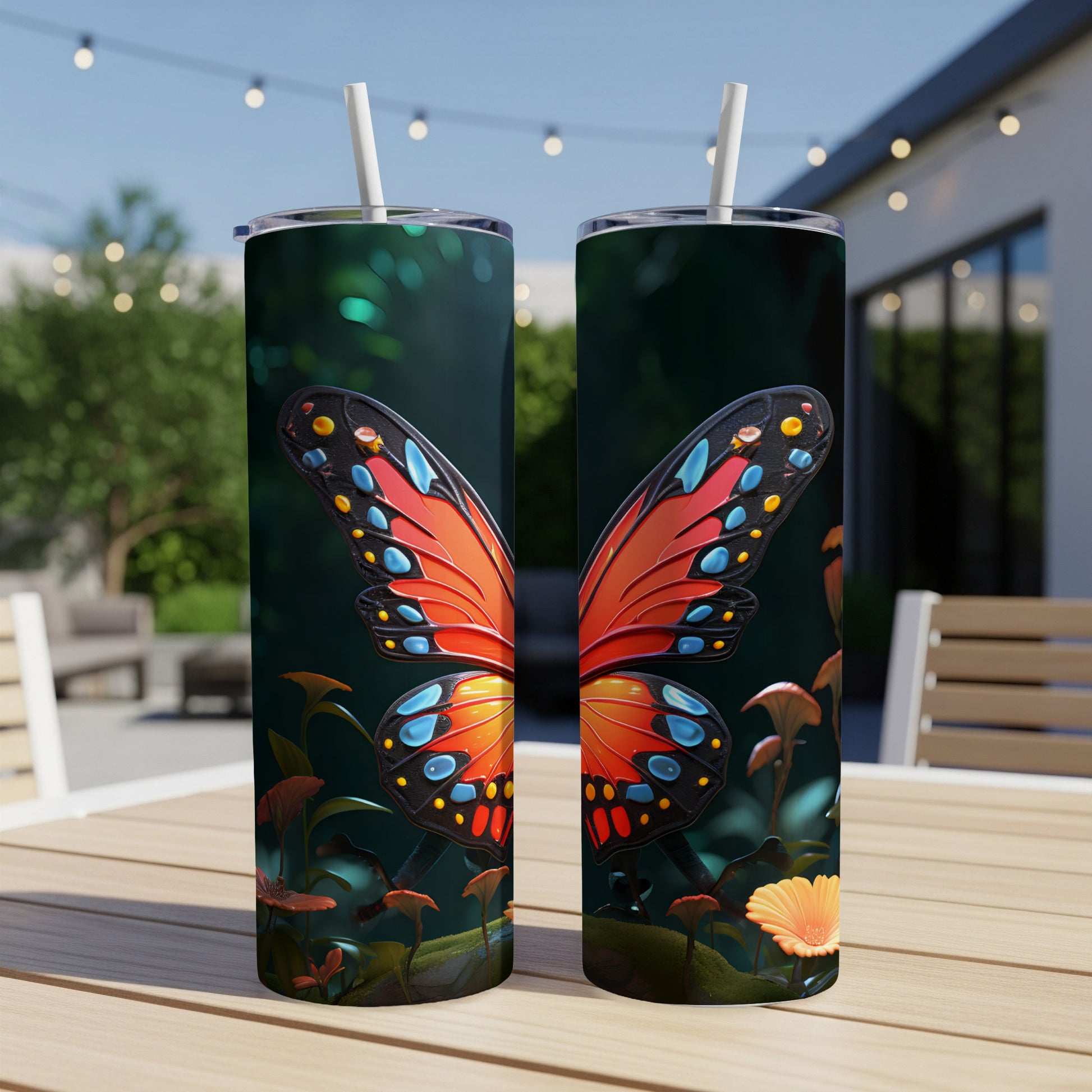Two tumblers featuring a colorful butterfly on a dark, floral background.