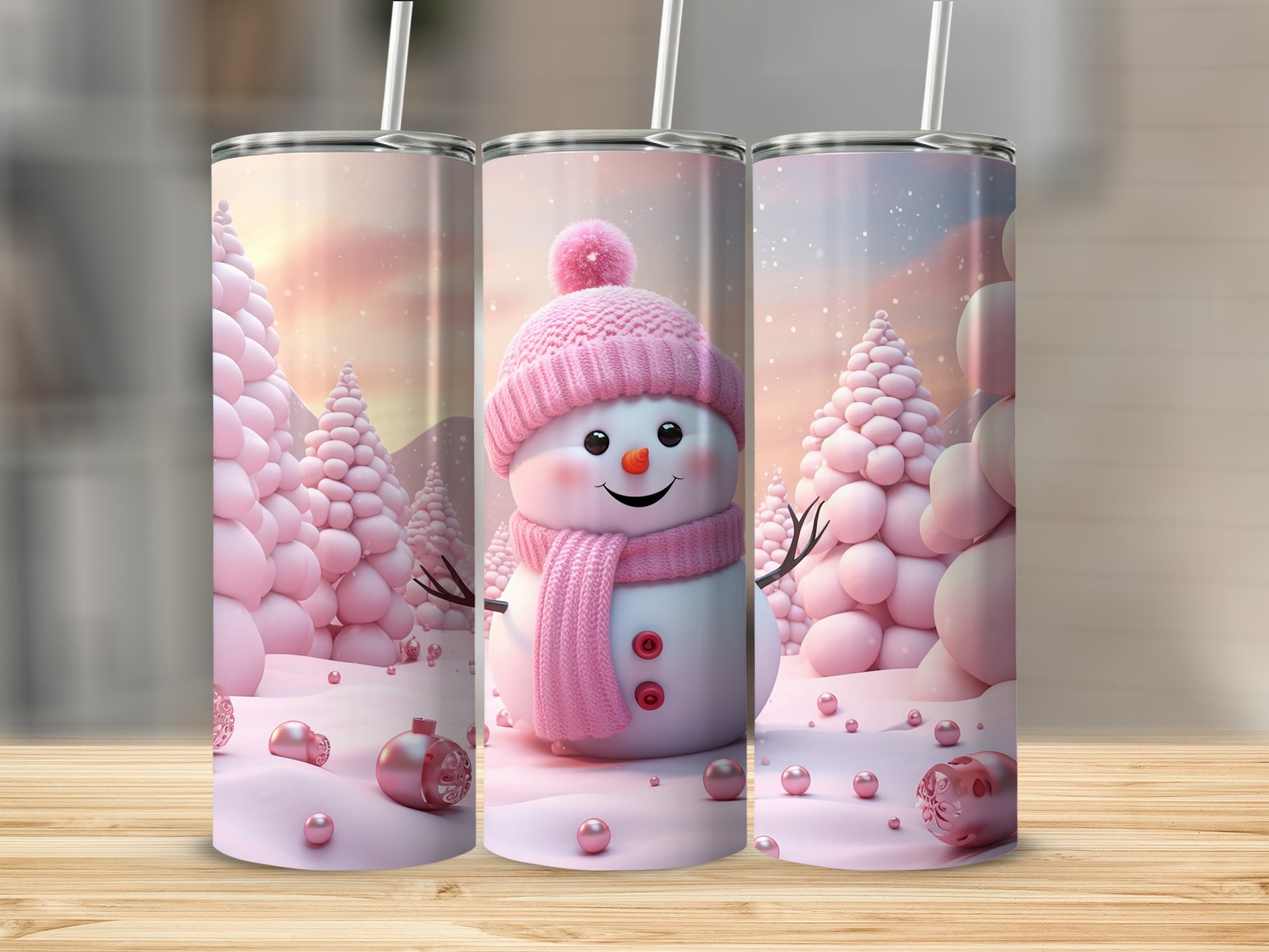 Pink Snowman Scene with Christmas Trees Tumbler