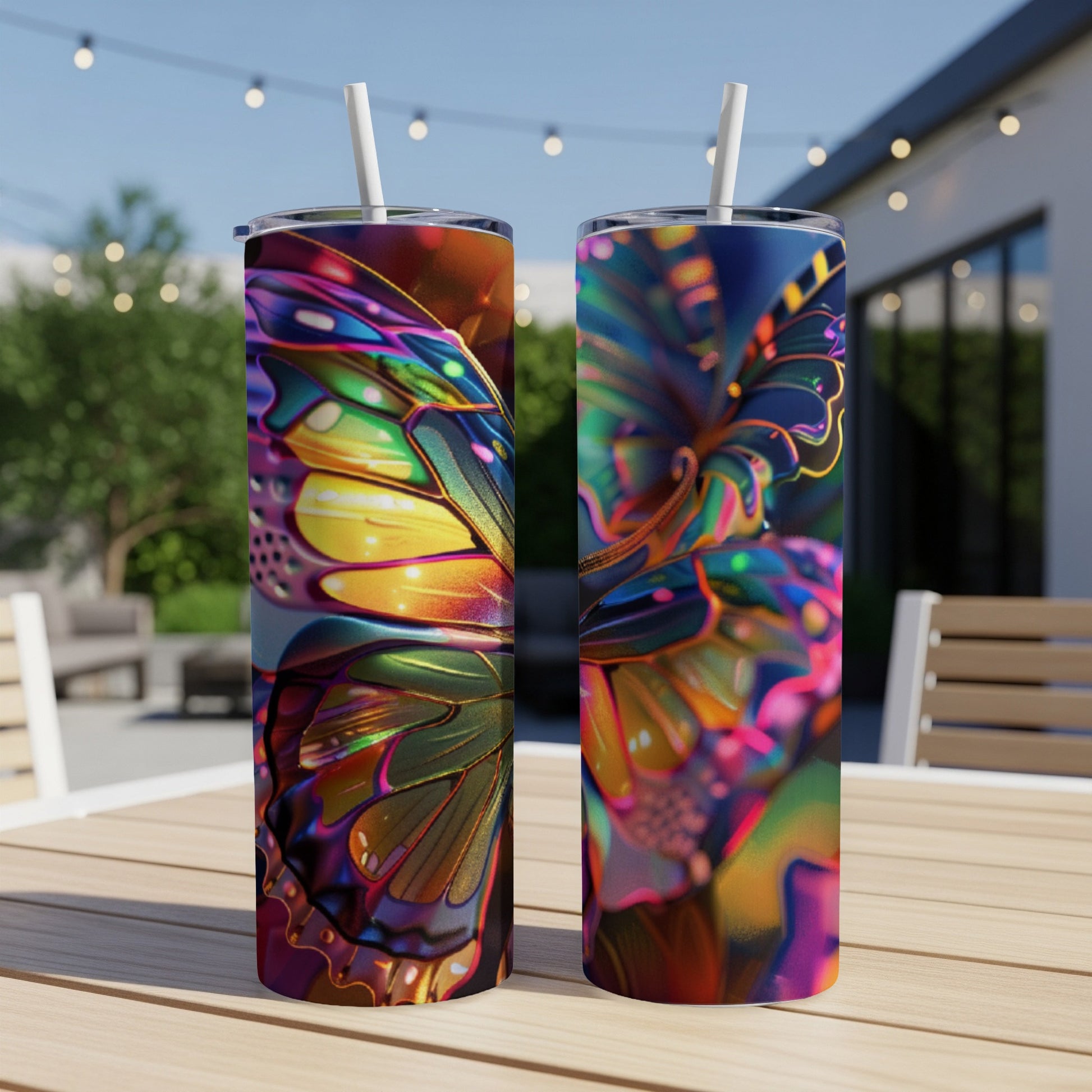 Two tumblers with colorful, iridescent butterfly wing designs on an outdoor table.