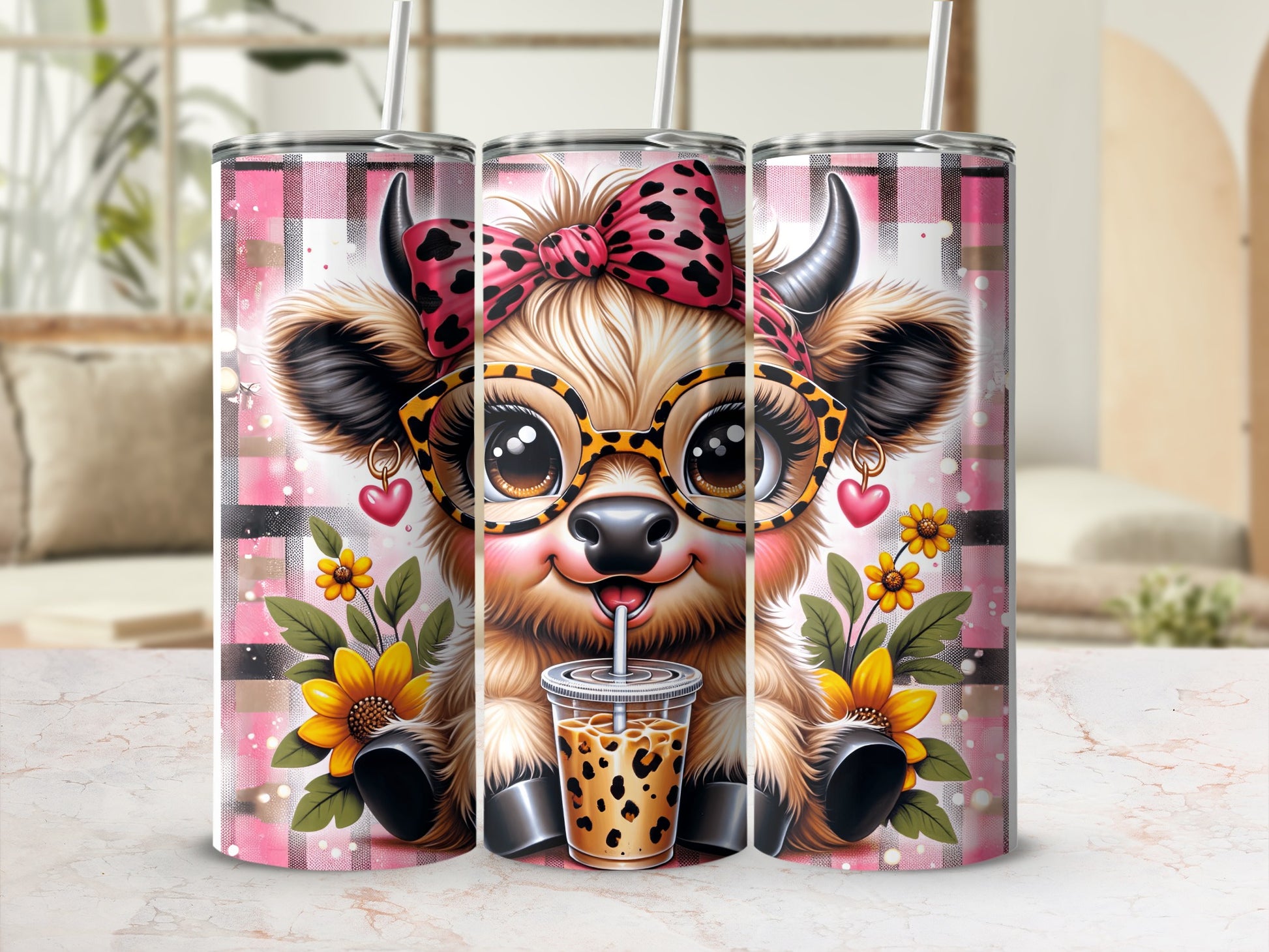 Cartoon cow with sunglasses and bow on pink plaid tumbler with flowers.