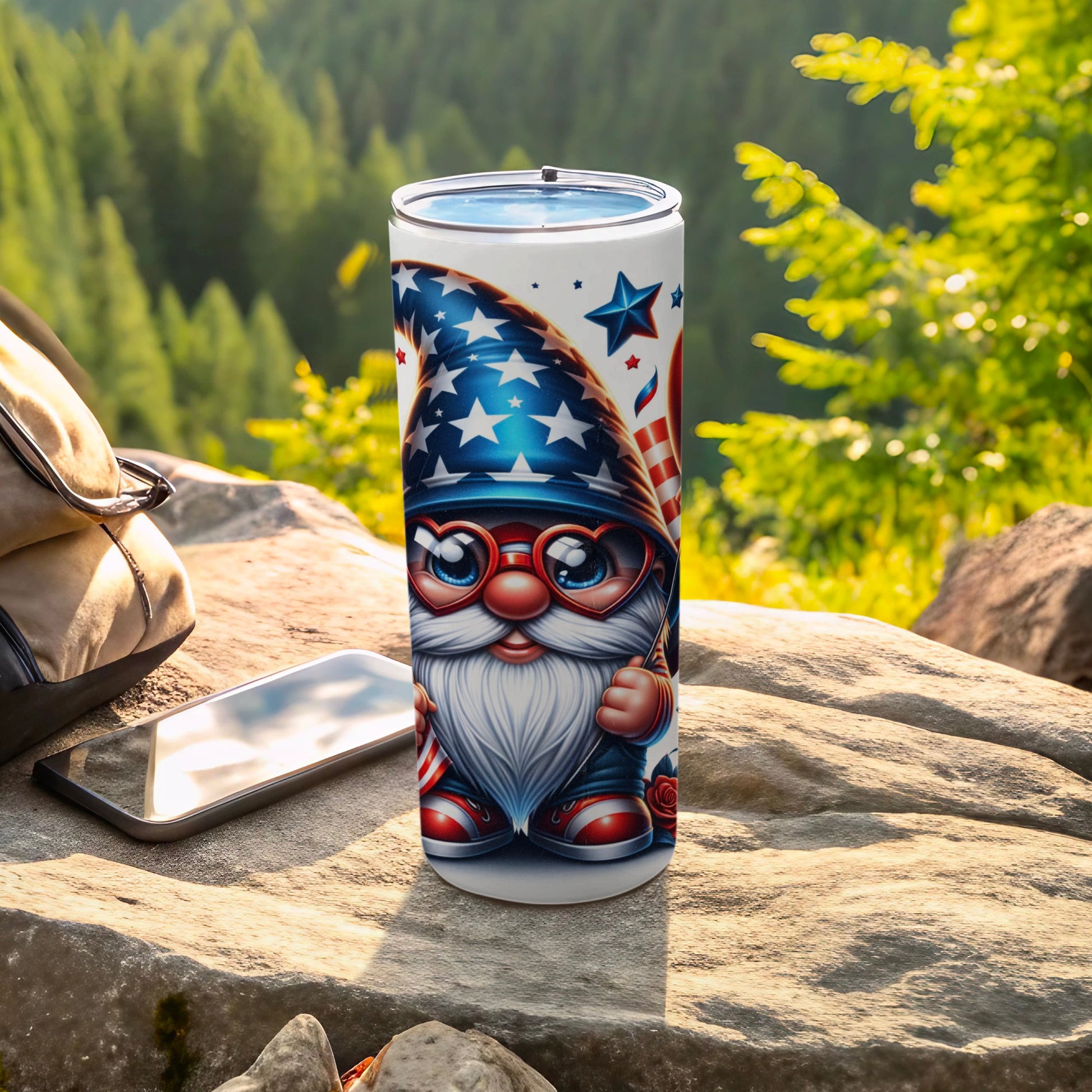 Patriotic gnome with American flag hat holding a flag and pencil.