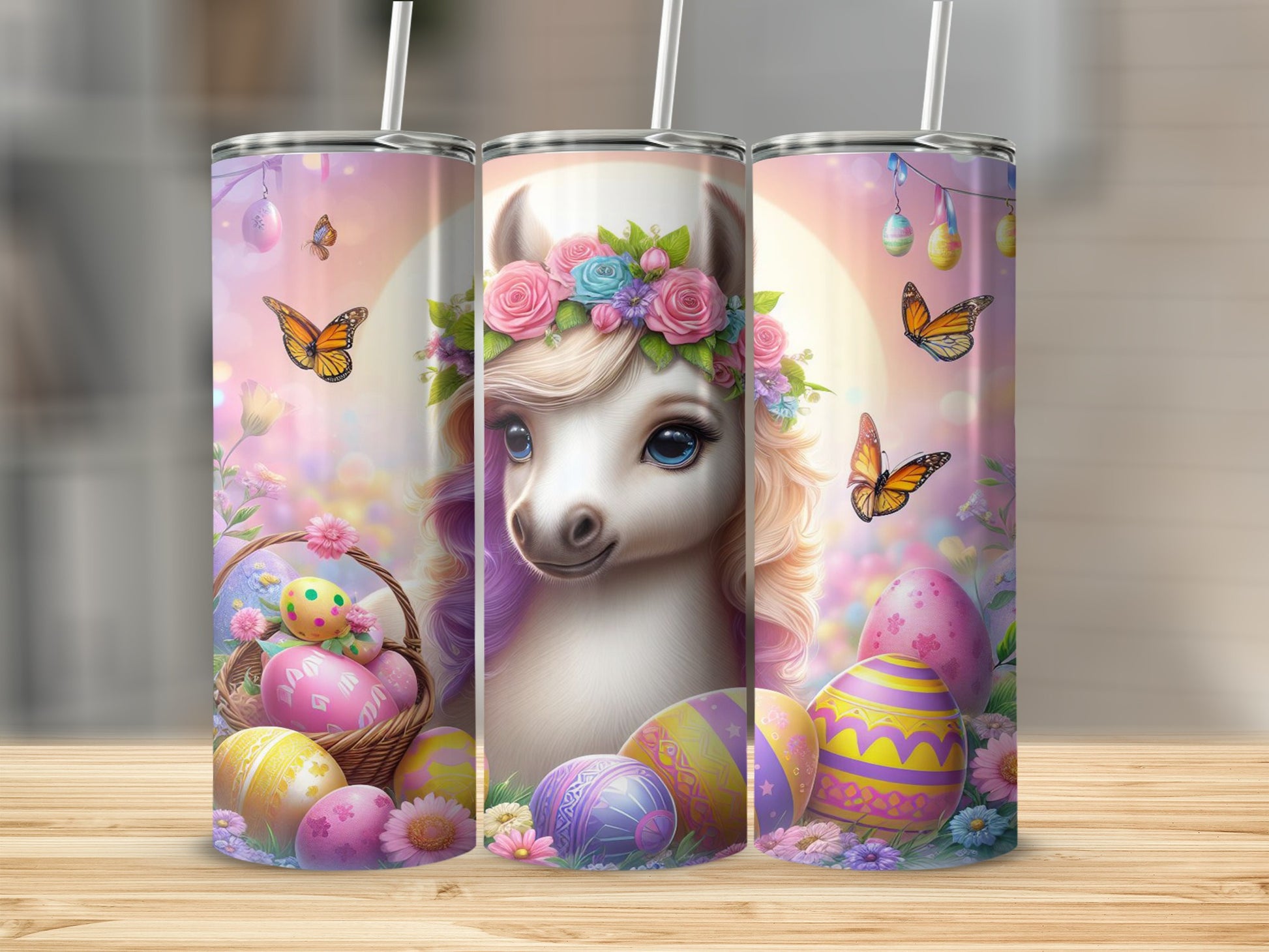 Easter llama with colorful eggs and butterflies.