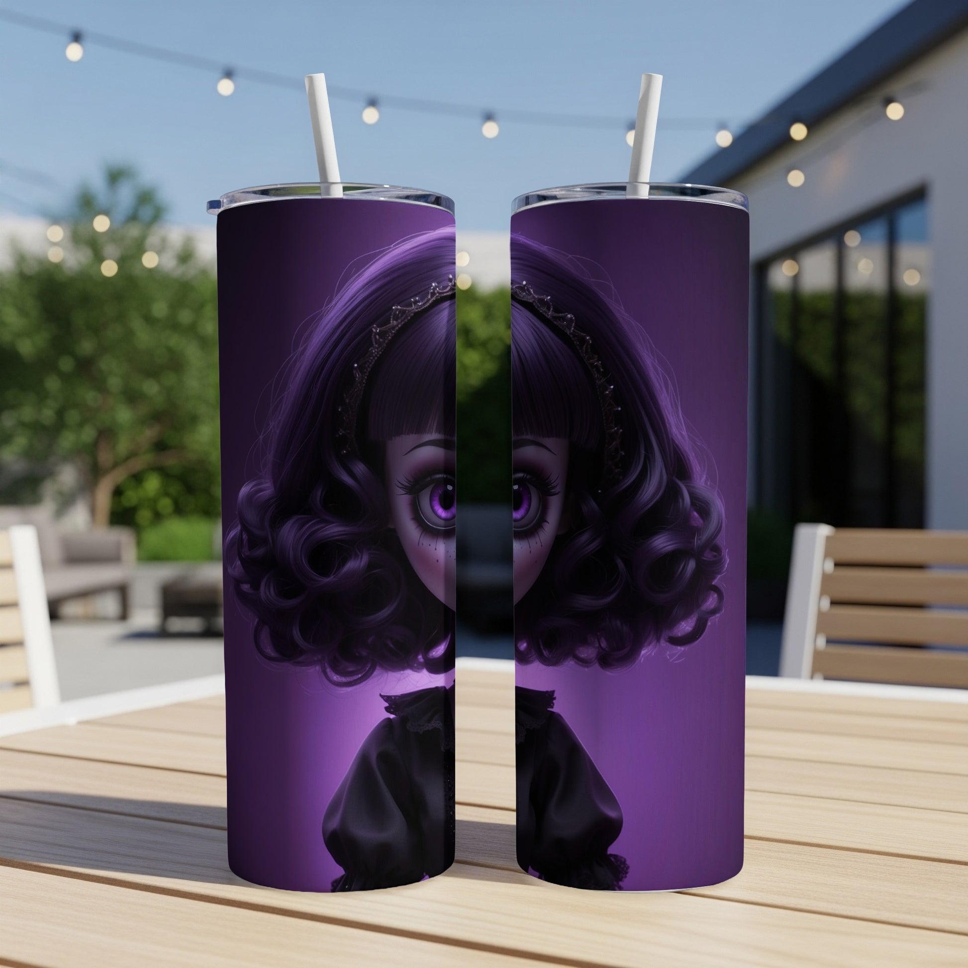 Two purple tumblers with gothic doll faces and wavy black hair.