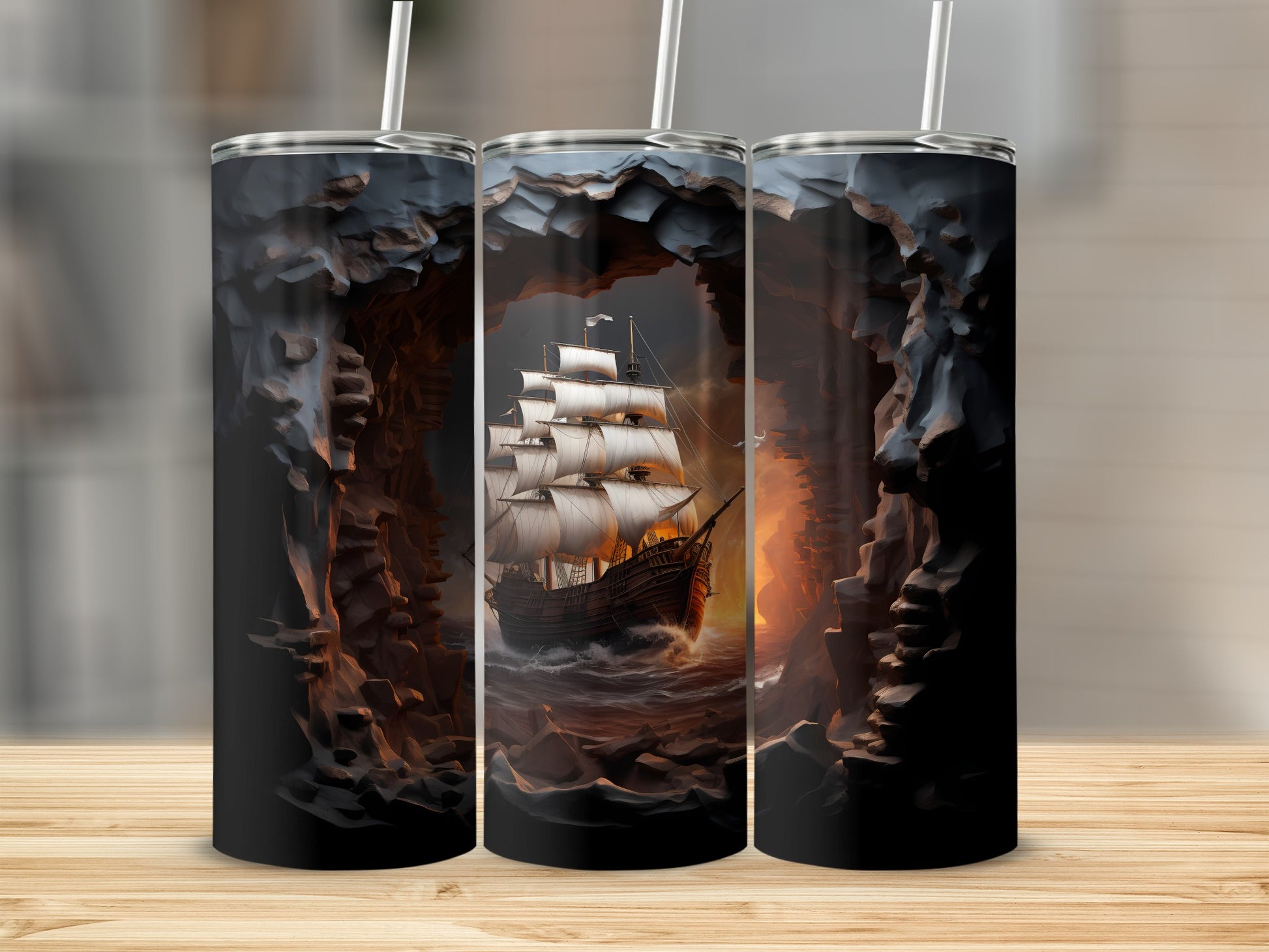Tall tumbler with a tall ship sailing through a rocky cavern with fire.
