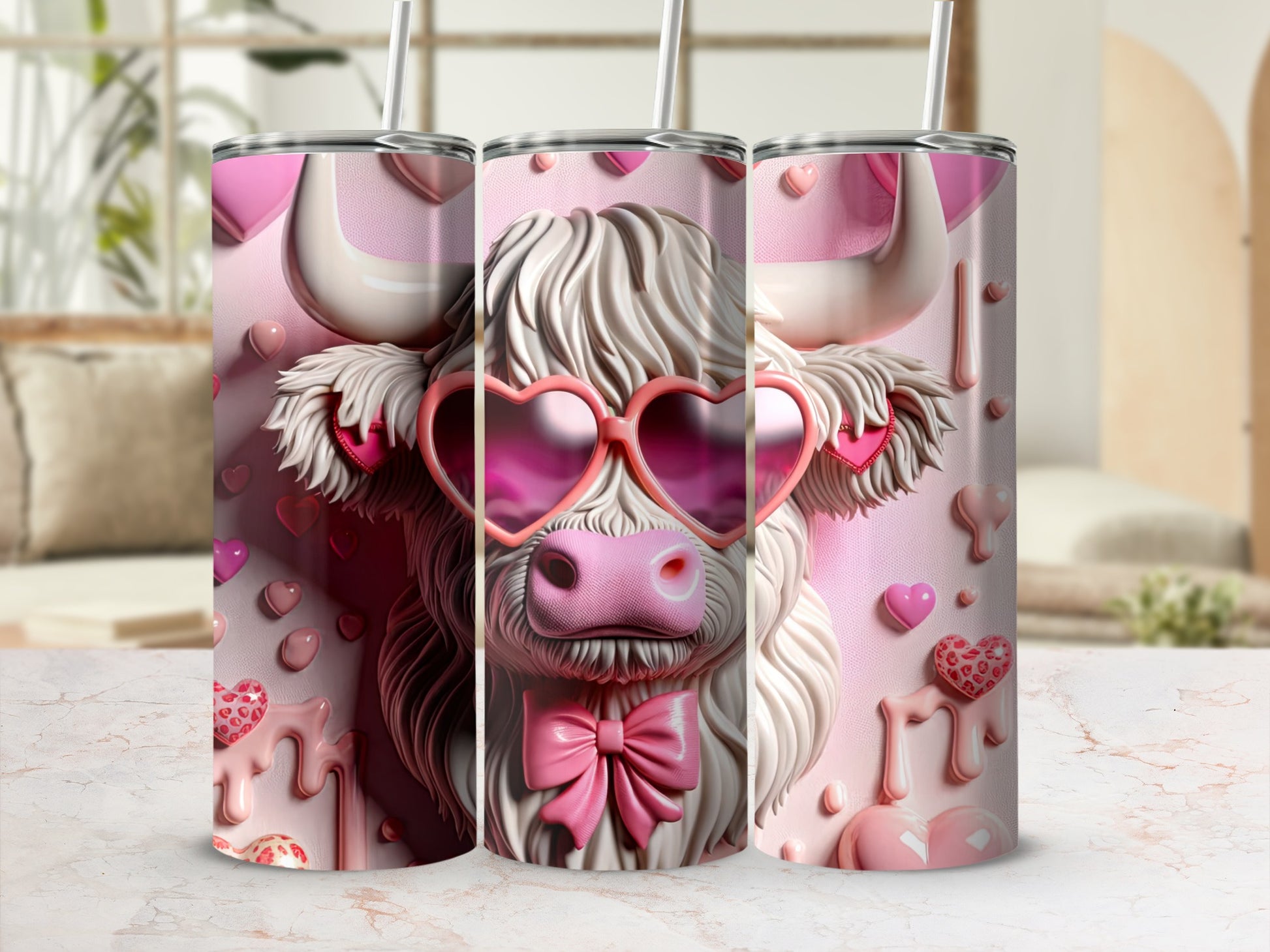 Pink Highland cow wearing heart sunglasses and a pink bow tie.