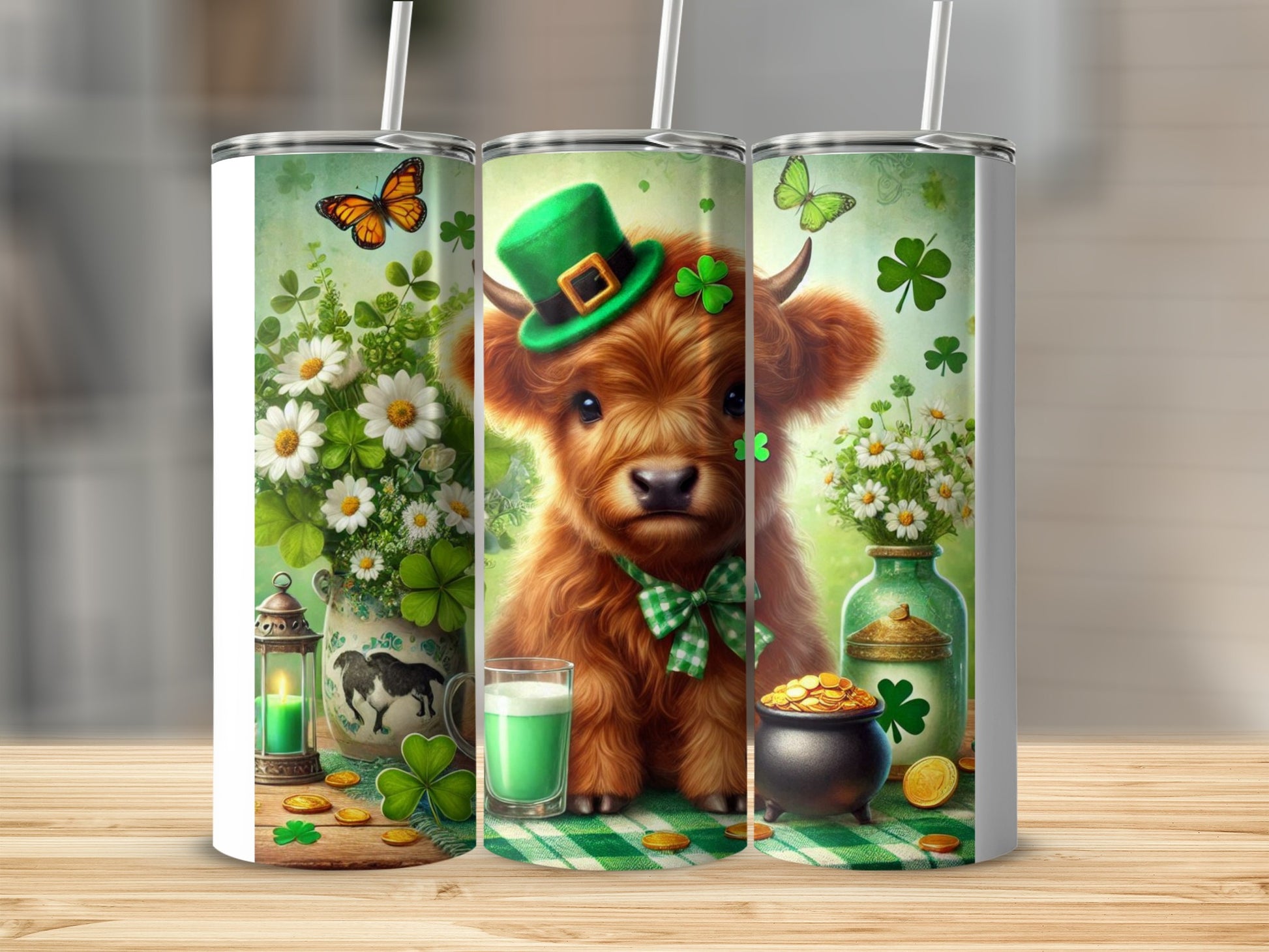 Cow wearing St. Patrick's Day hat, holding drink, with shamrocks and gold coins.
