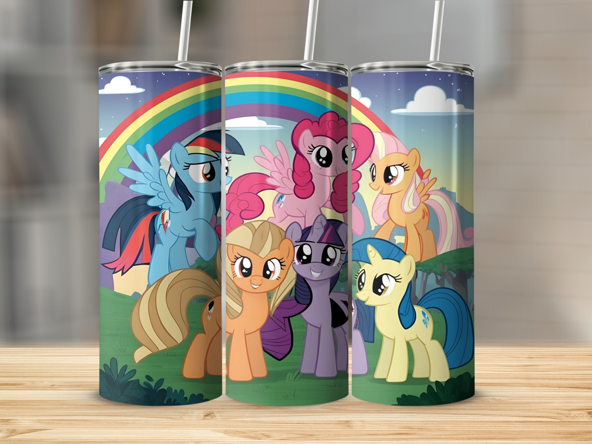 My Little Pony characters Rainbow Dash, Pinkie Pie, Applejack, Rarity, Twilight Sparkle, and Fluttershy on tumblers.