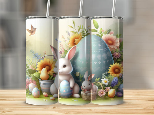 Easter bunnies, eggs, and flowers on three tumblers.