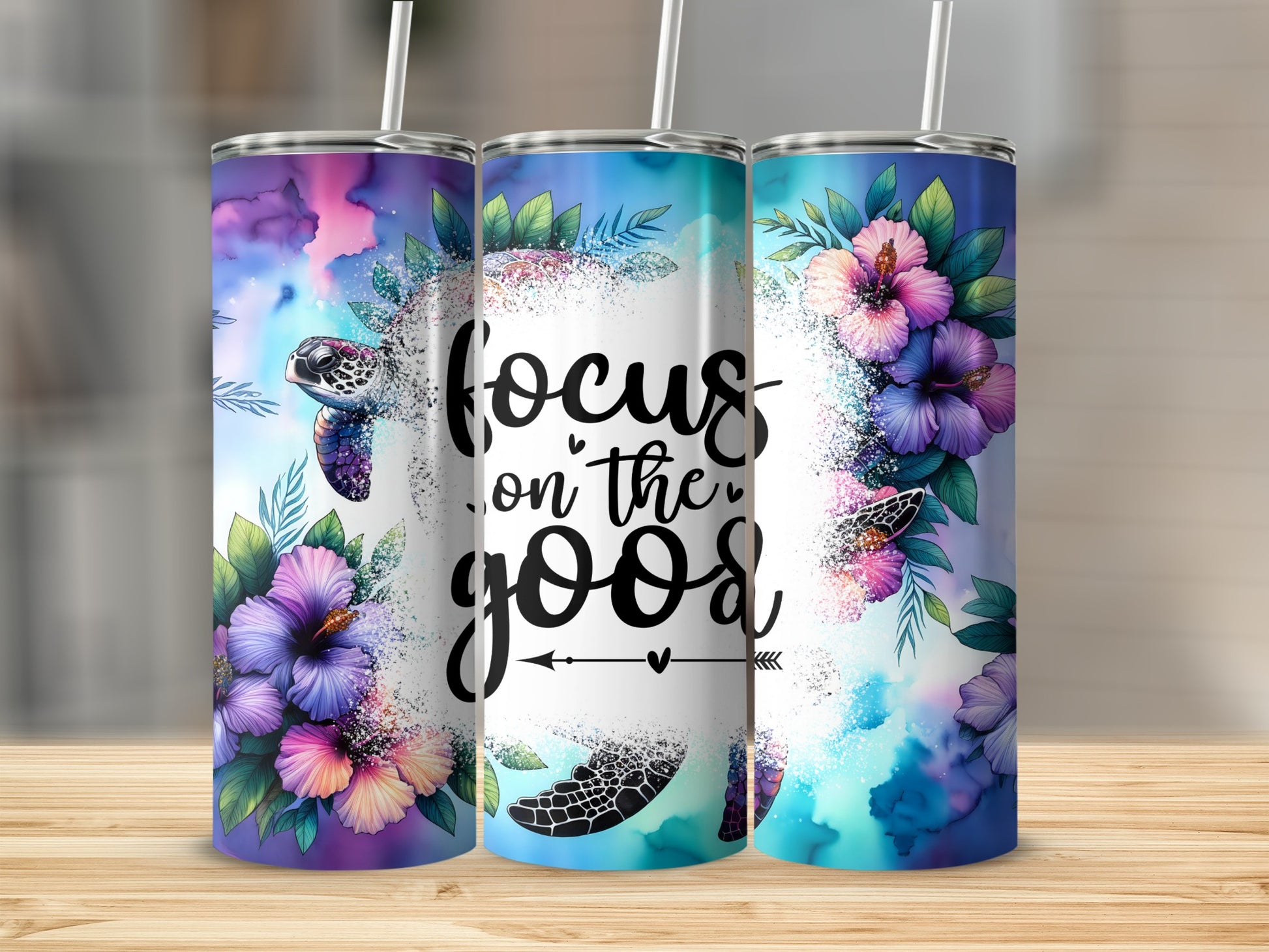 Vibrant Floral Focus on the Good Turtle Tumbler Cup