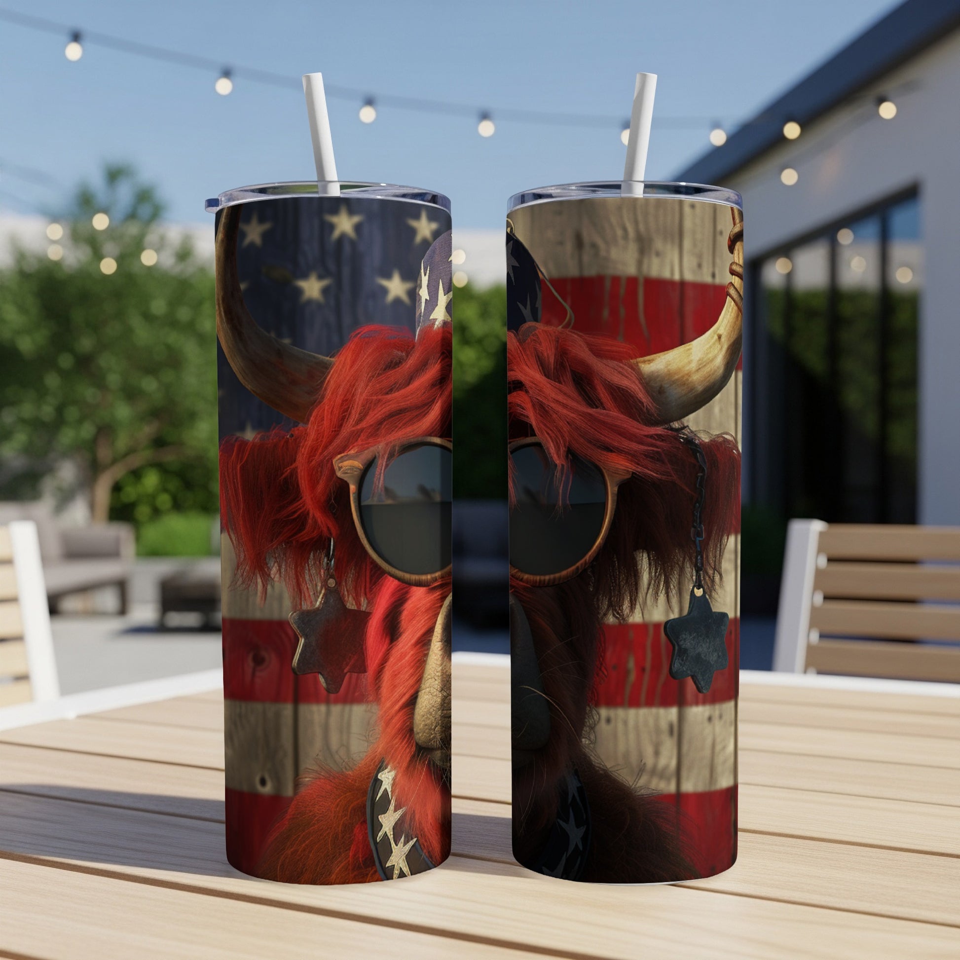 Highland cow with sunglasses and American flag background on two tumblers.
