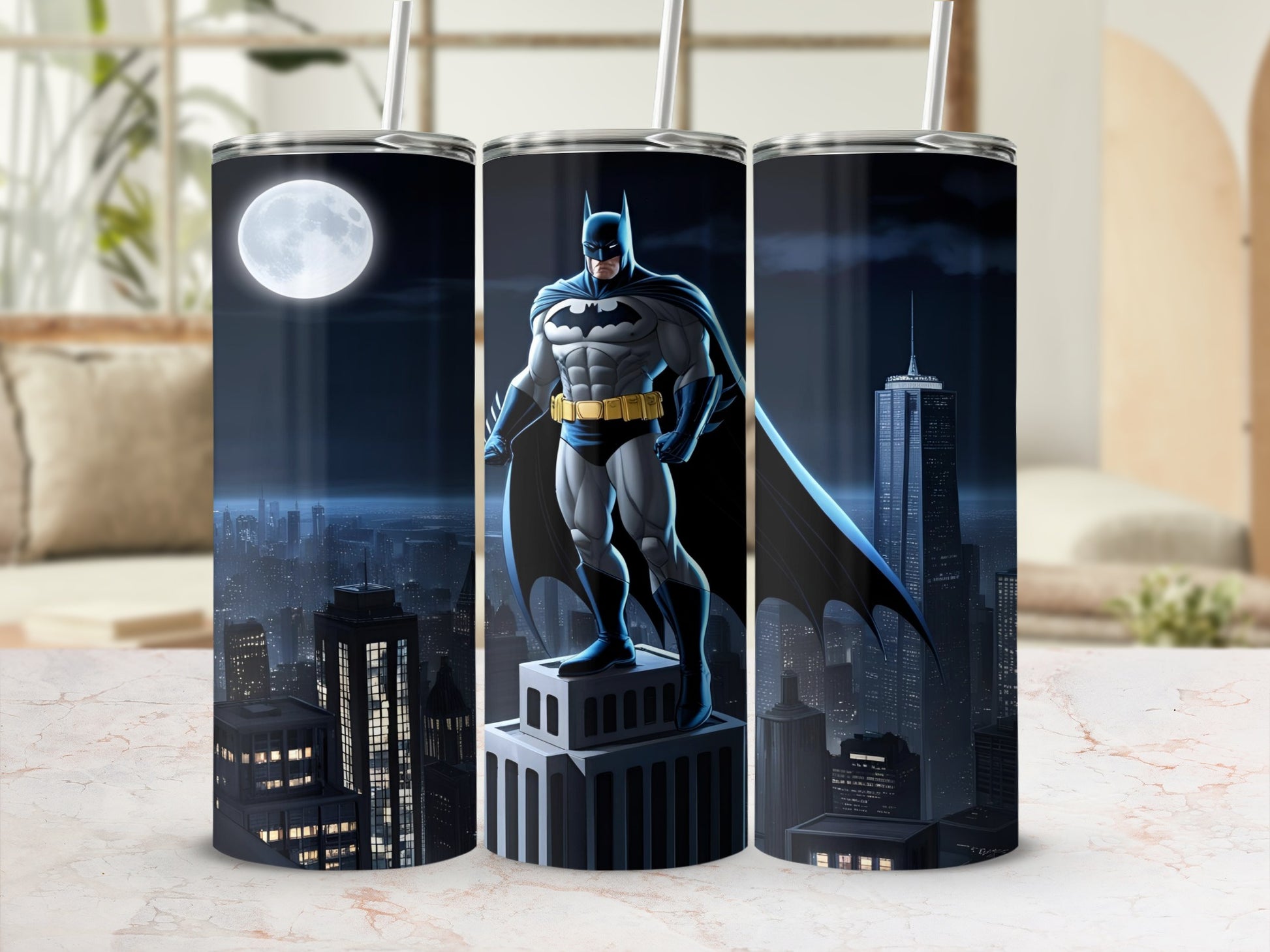 Batman standing atop a skyscraper against a city skyline.