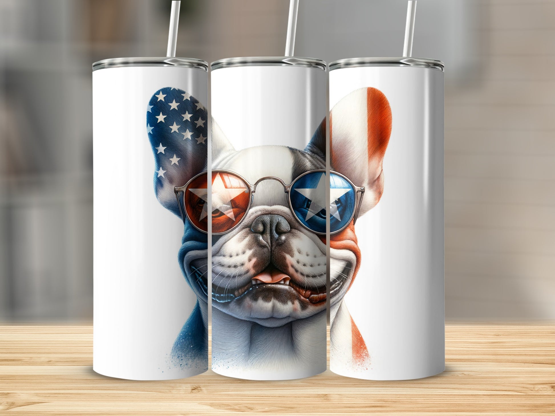 French bulldog wearing sunglasses with American flag pattern.