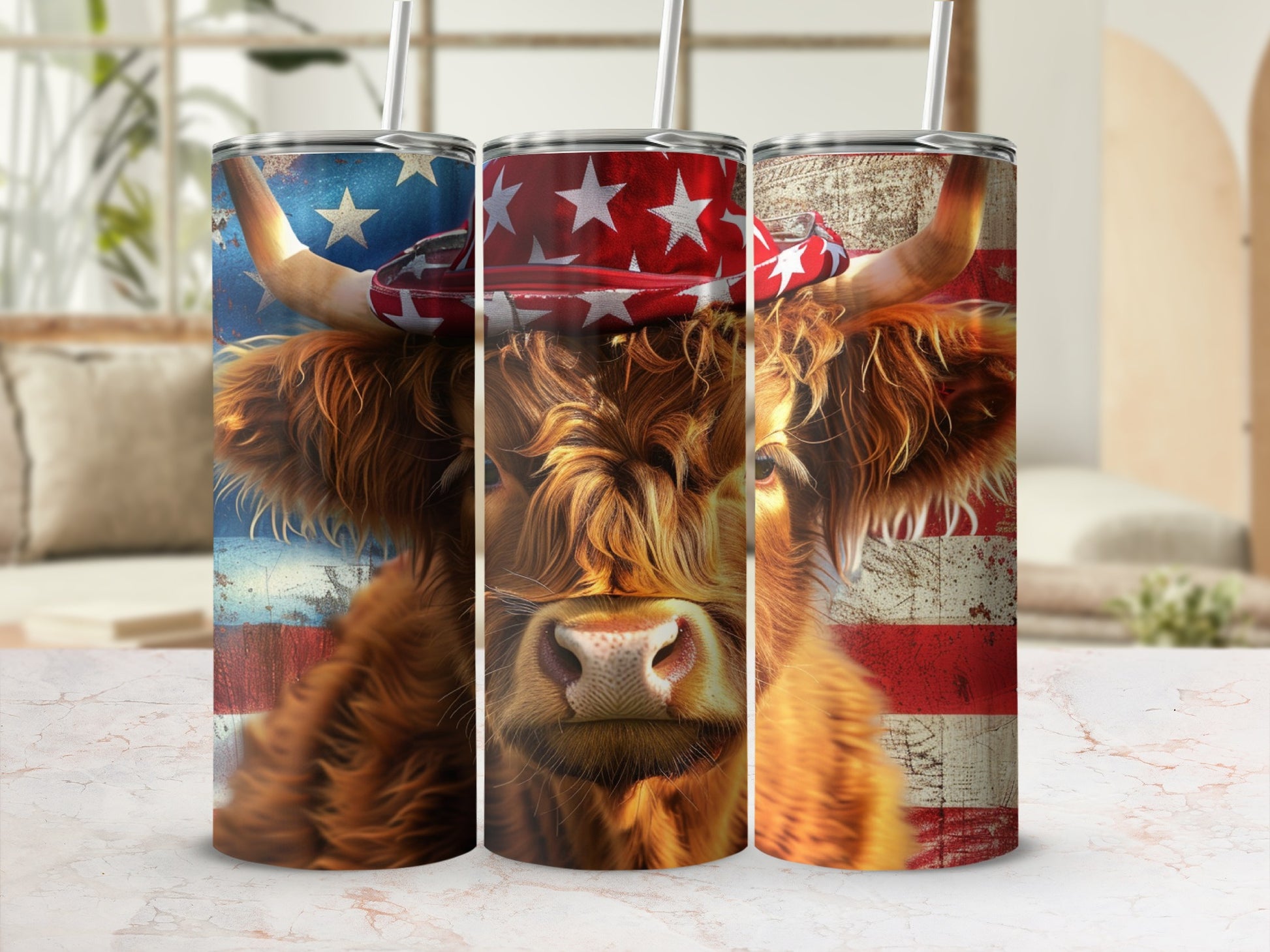 Highland cow with American flag design and red bandana.