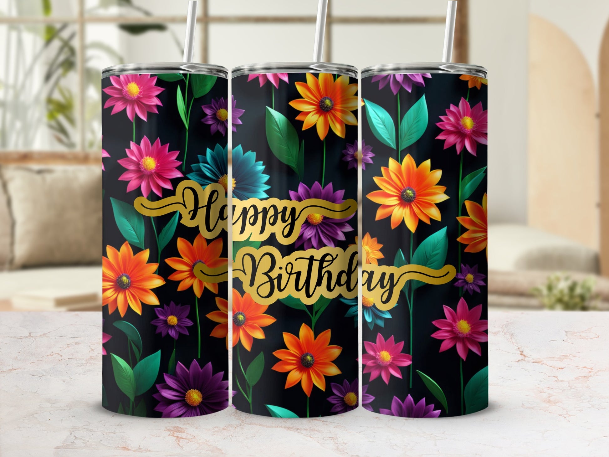 Three floral tumblers with "Happy Birthday" text in gold.