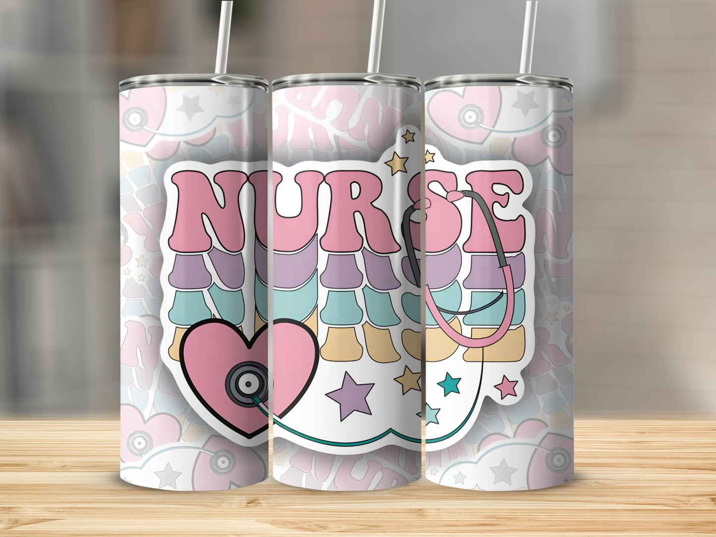 Nurse tumbler with stethoscope and heart graphic.