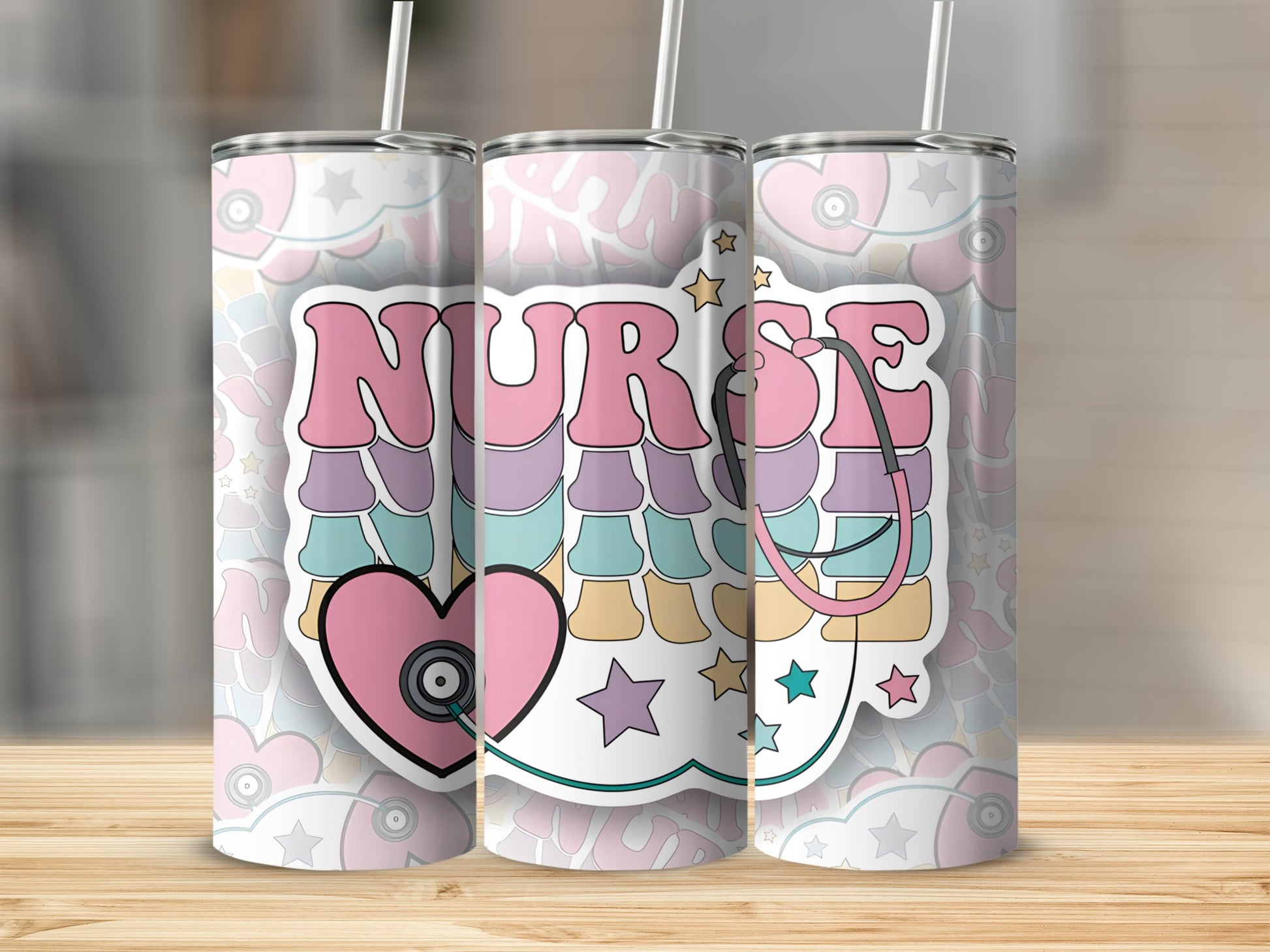 Nurse tumbler with stethoscope and heart graphic.