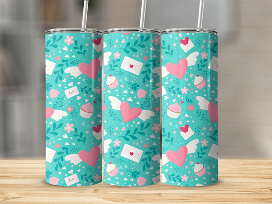 Romantic Blue Hearts and Letters Patterned Tumbler