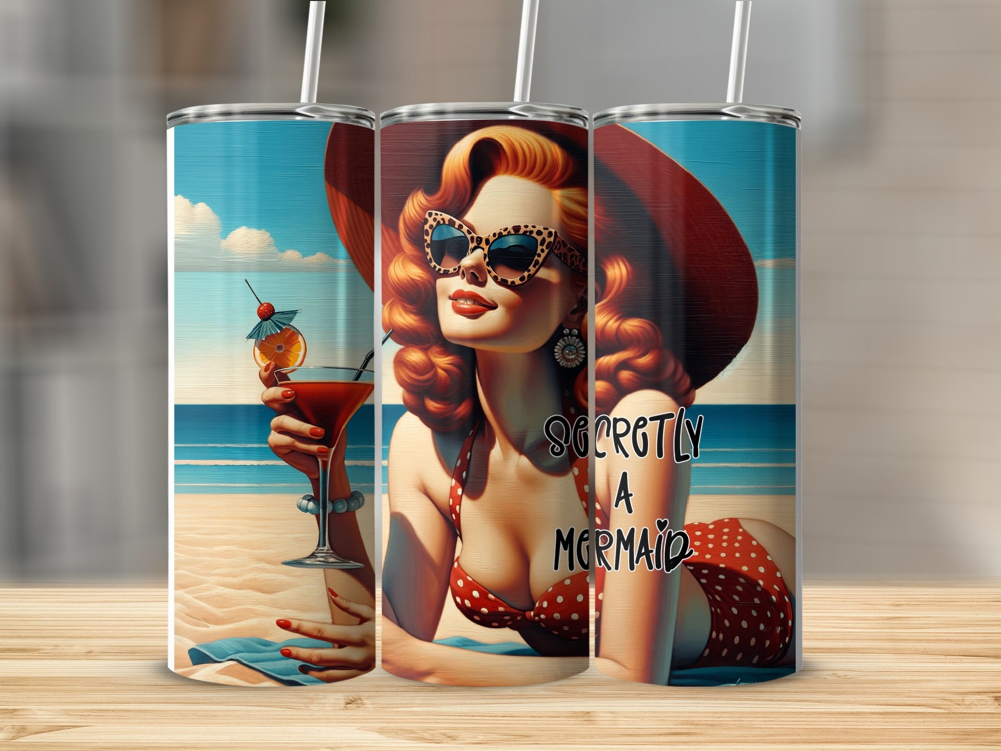 Retro woman in polka dot bikini holding cocktail on beach, "SECRETLY A MERMAID" text.