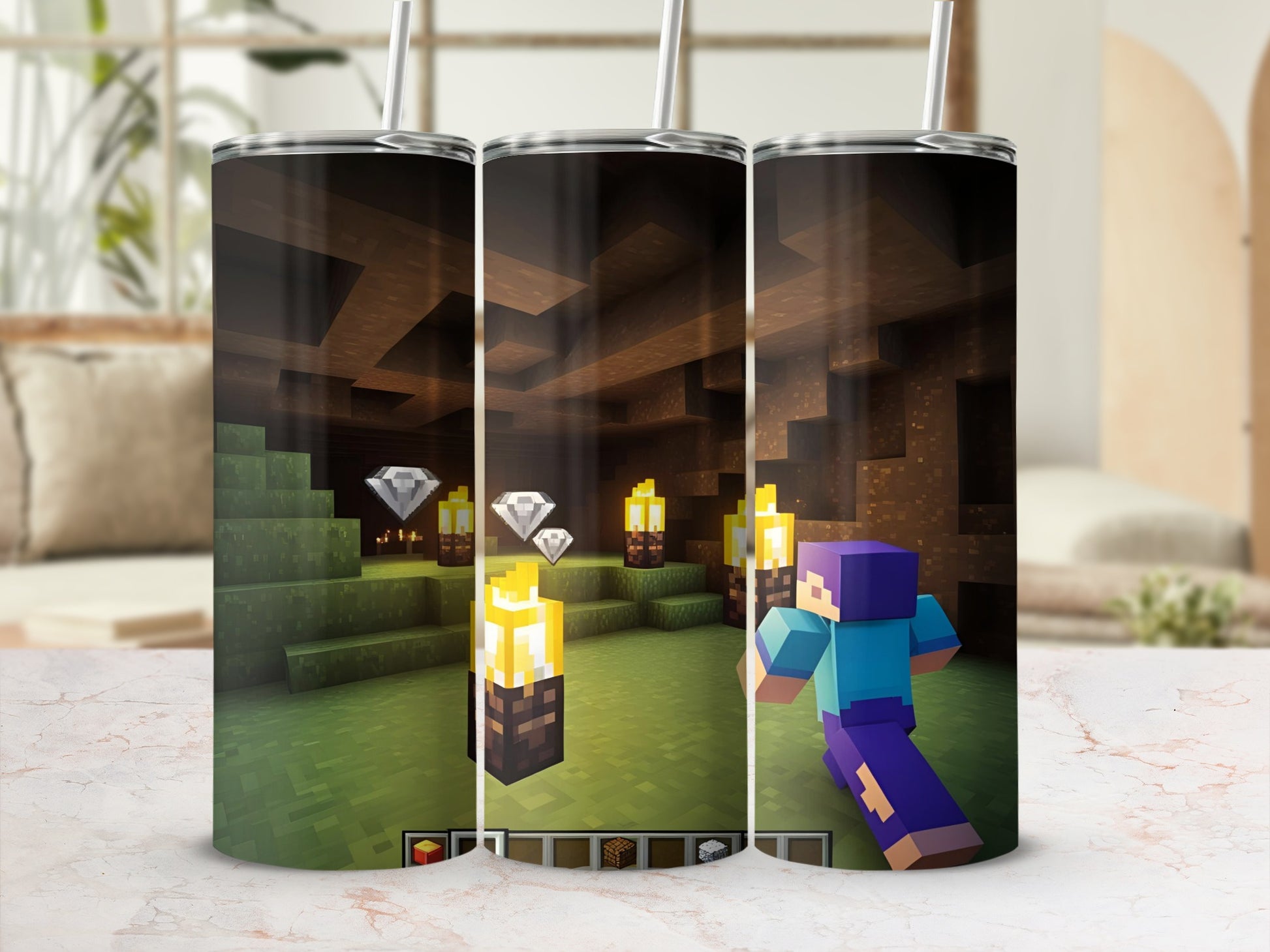 Minecraft character in a cave with torches and diamonds.