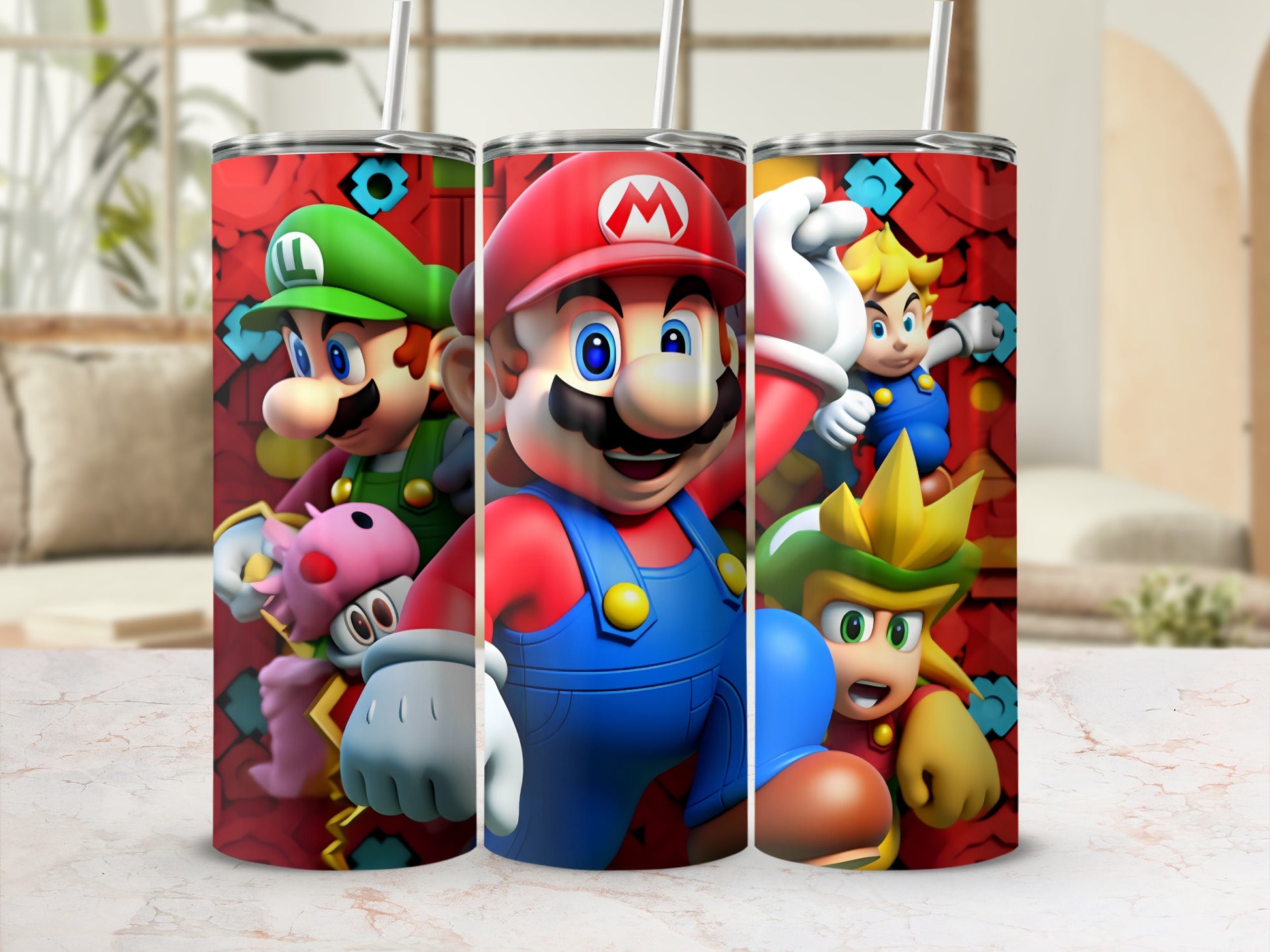 Colorful Mario Character Tumbler with Straw Cup