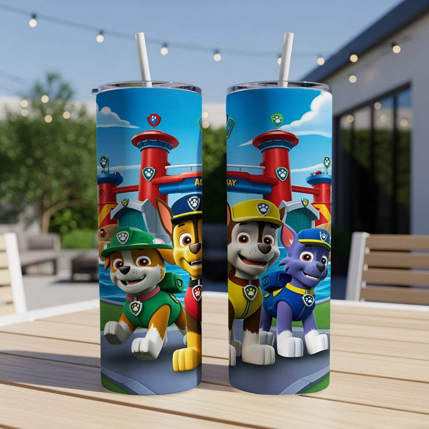 Paw Patrol characters Chase, Marshall, and Rubble on a blue patterned tumbler.