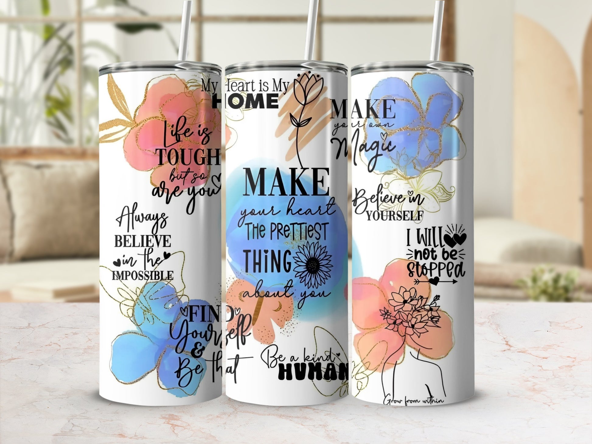 Motivational Quotes Floral Design Tumbler Collection