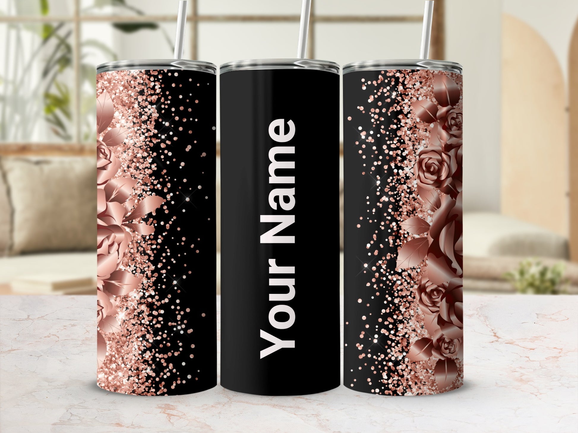 Custom Rose Gold Glitter Tumbler with Your Name Design