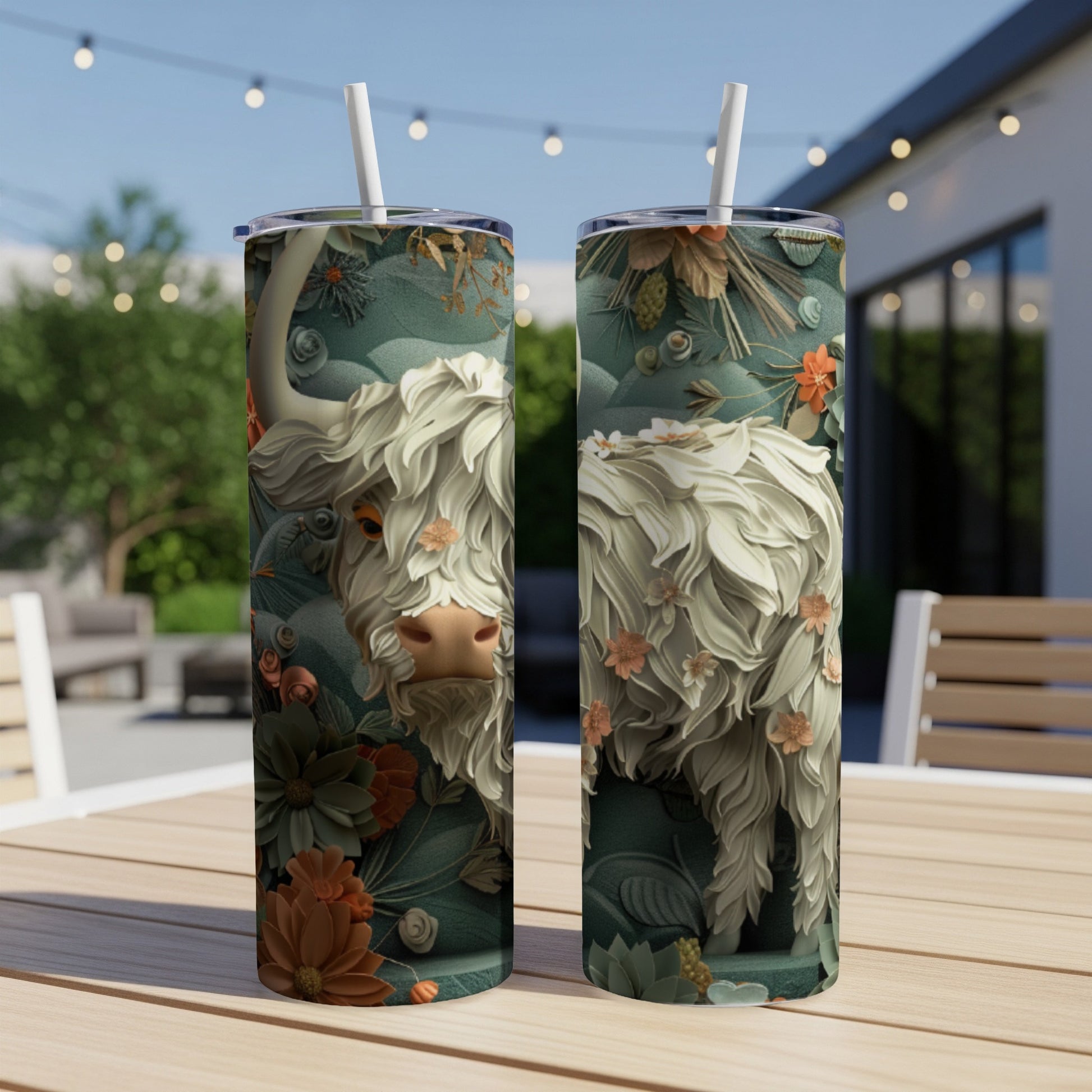 Highland cow illustration on two cylindrical tumblers with floral accents.