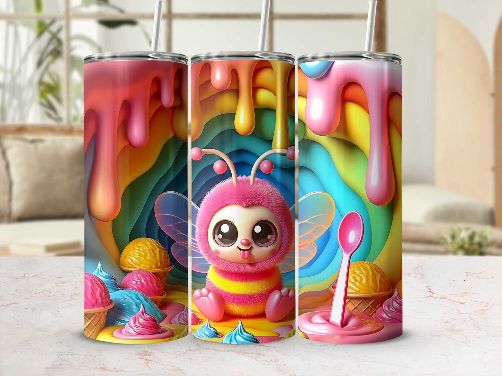 Pink bee character with colorful dripping ice cream on tumblers.