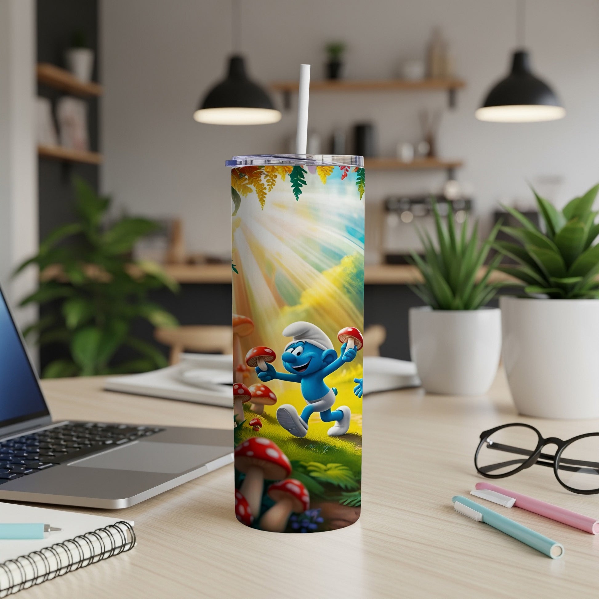Smurf running through mushroom forest with sun rays, on a tumbler.