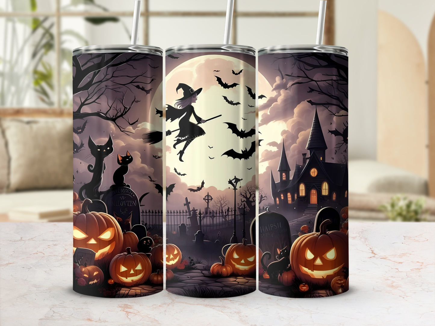 Halloween scene with witch, bats, pumpkins, black cats, and haunted house.