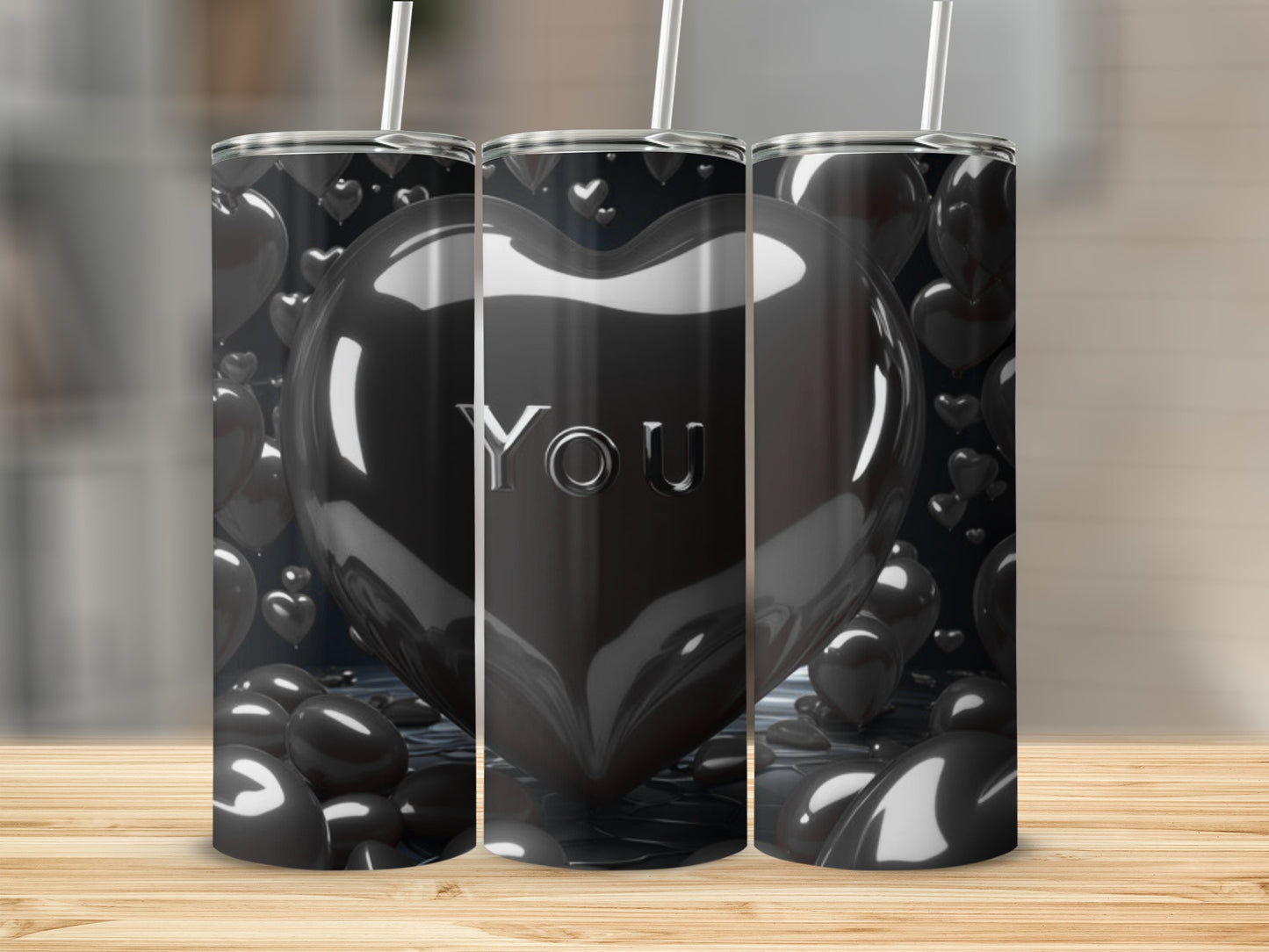 Black metallic heart tumbler with "YOU" text, surrounded by hearts.