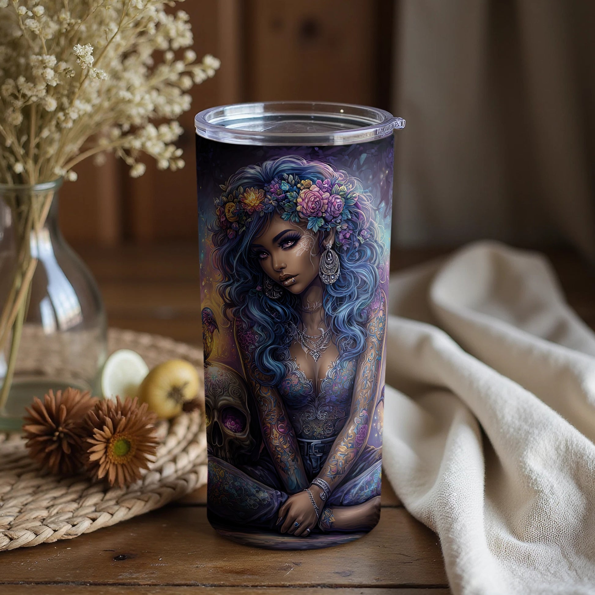 Fantasy Tattooed Woman with Flowers Beverage Tumbler