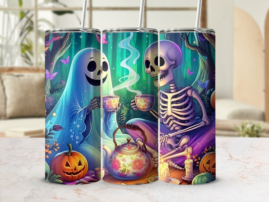 Ghost and skeleton enjoying tea with pumpkins and candles in a forest.