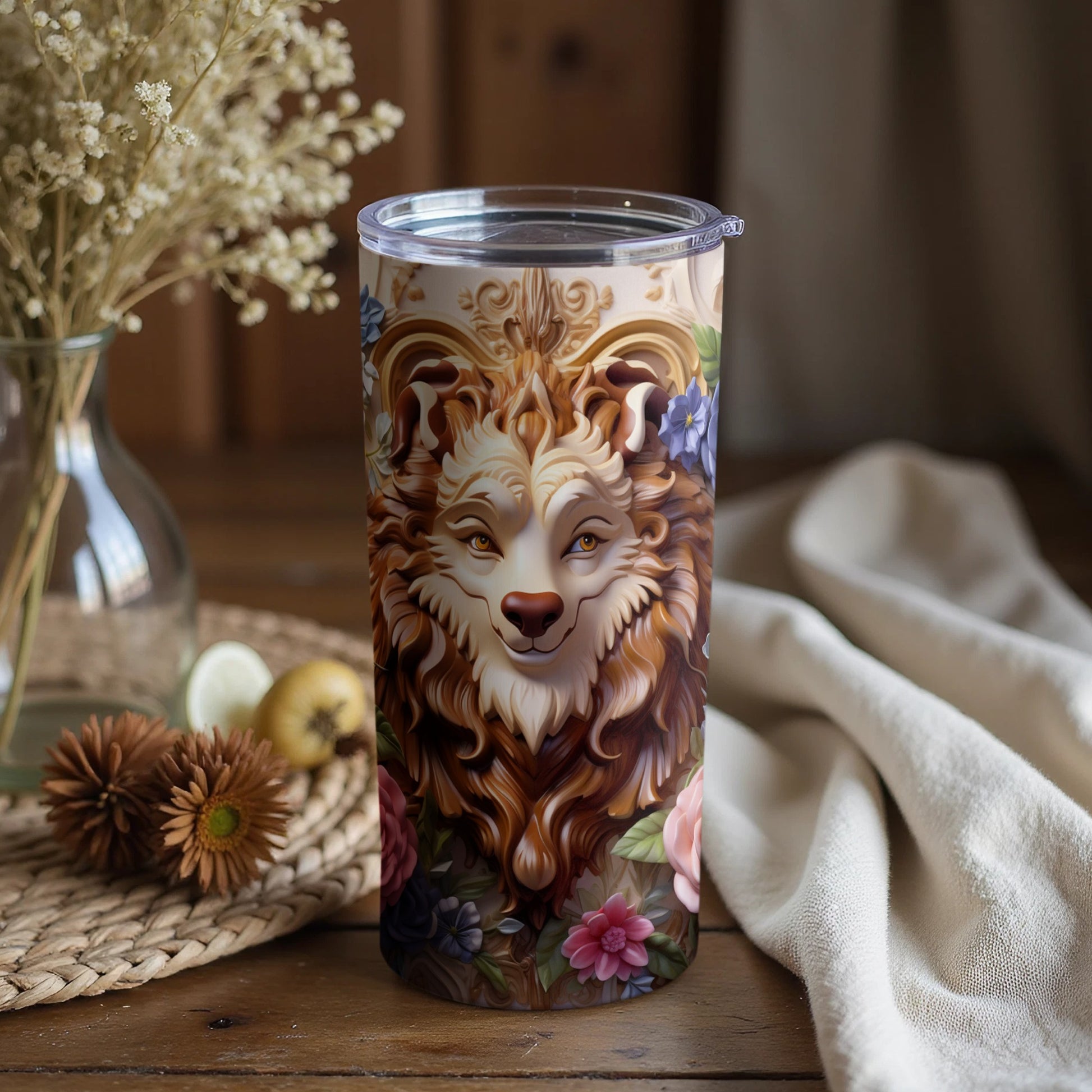 Beautiful Intricate Canine Floral Design Tumbler
