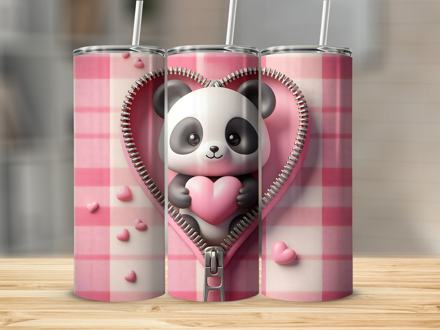 Panda in zippered heart holding pink heart, with pink plaid background.