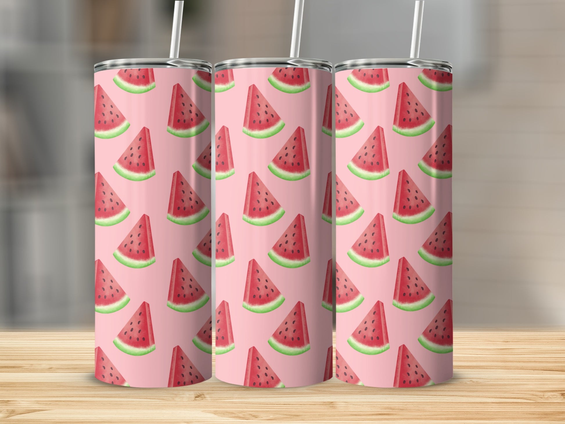 Three tumblers with a pink background and a repeating pattern of watermelon slices.