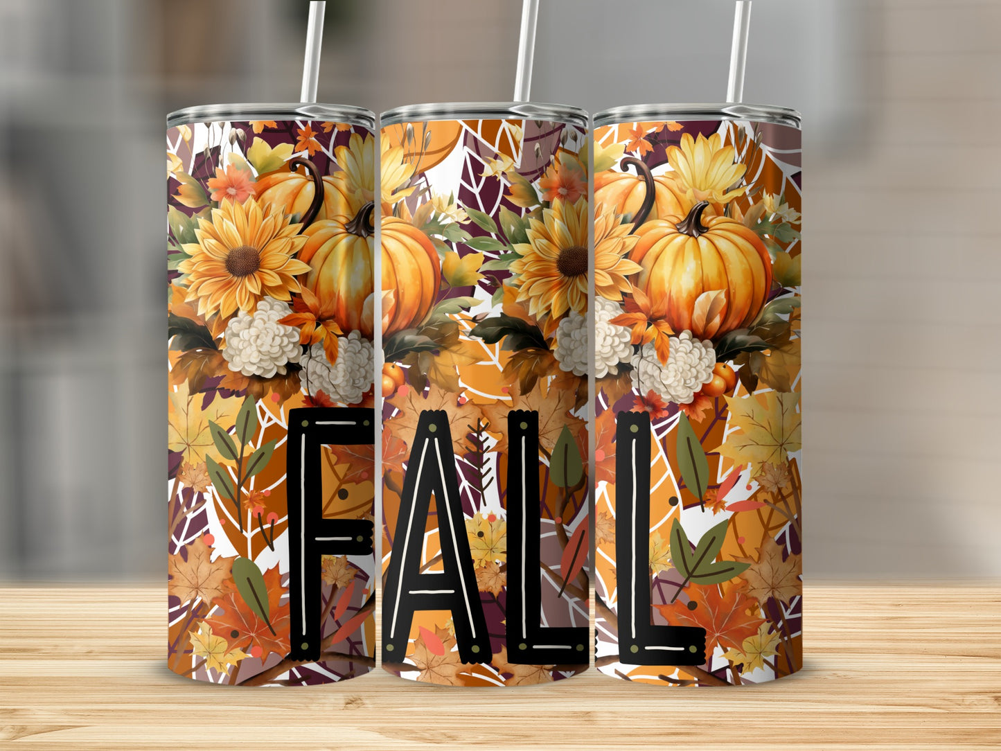 Fall Themed Floral and Pumpkin Design Tumbler