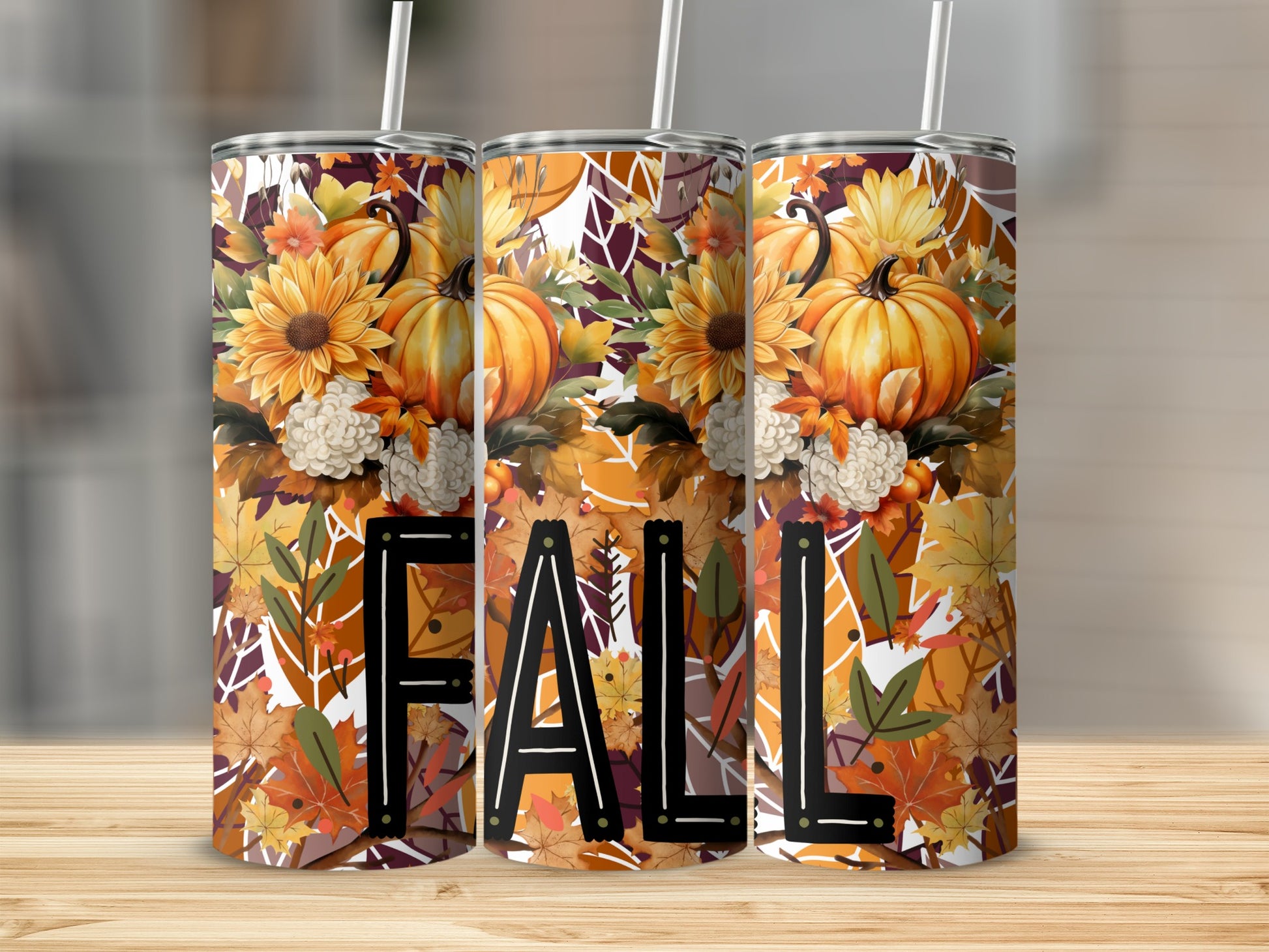 Fall Themed Floral and Pumpkin Design Tumbler
