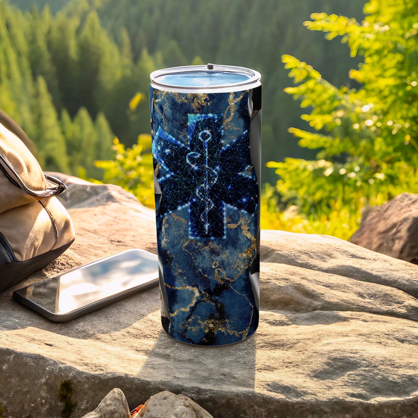 Star of Life design on a dark marble patterned tumbler.