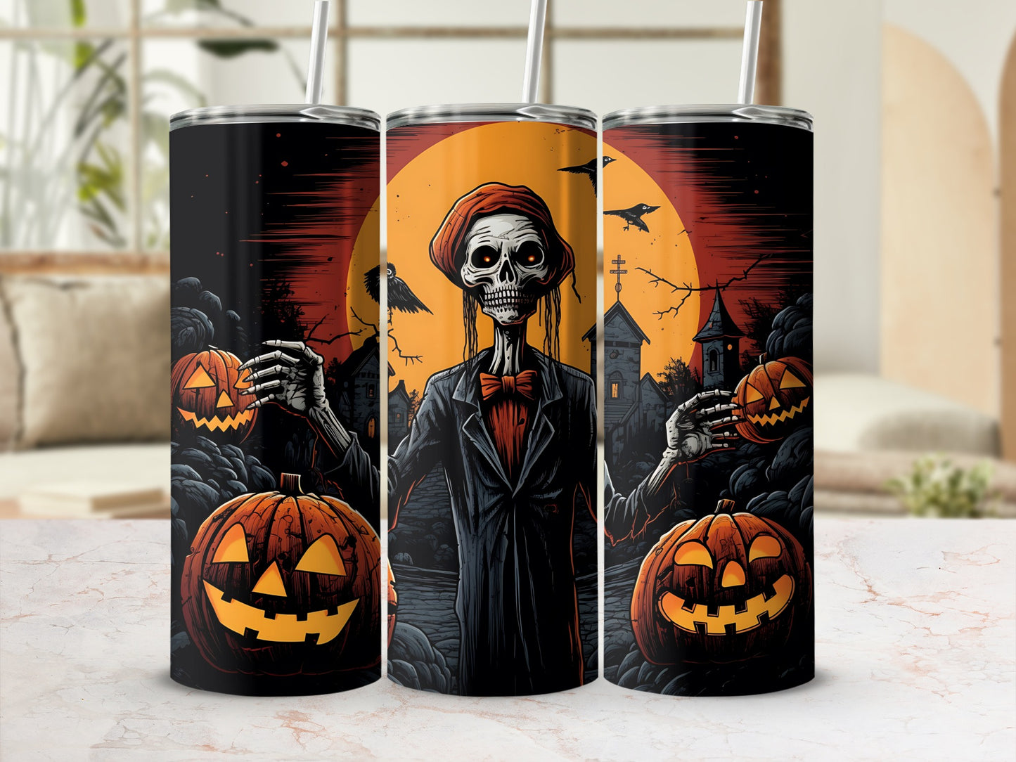Skeleton in a suit holding pumpkins with a spooky Halloween scene.