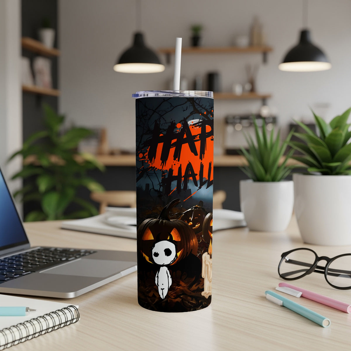 Tall tumbler with "HAP HALLOWEEN" text, jack-o'-lanterns, and a ghost on dark background.