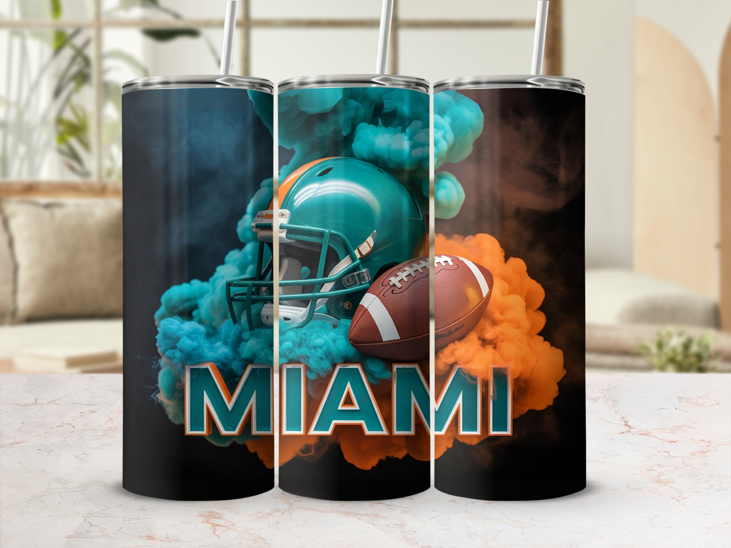 Miami Dolphins helmet and football with colorful smoke