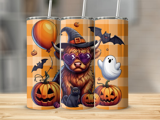 Halloween Themed Highland Cow Ghost Pumpkin Tumbler