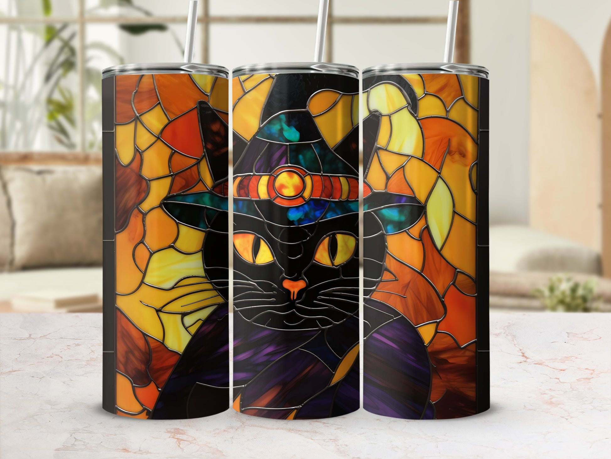 Black cat with yellow eyes wearing a witch hat, stained glass art design.