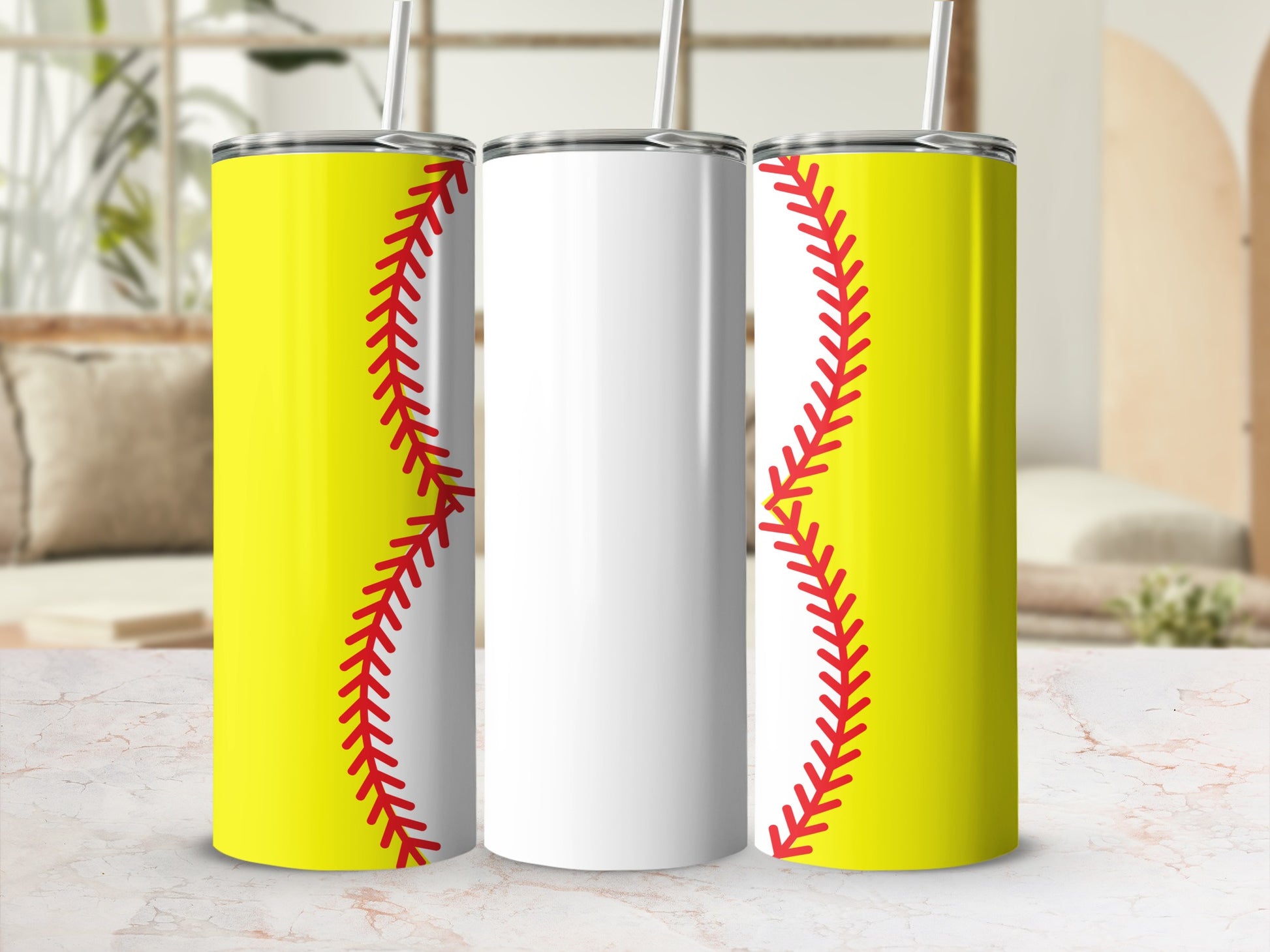 Three softball tumblers with red stitching, one blank white.