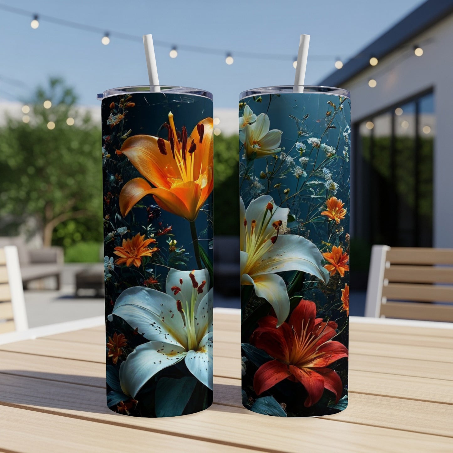 Two tumblers featuring vibrant orange, white, and red lilies on a dark background.