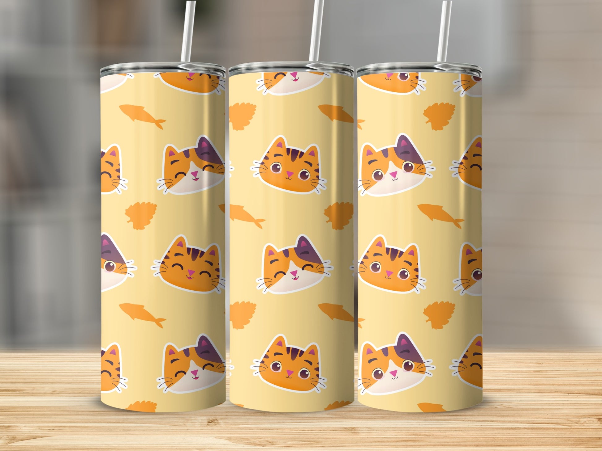 Cute Cat Faces and Fish Pattern Tumbler